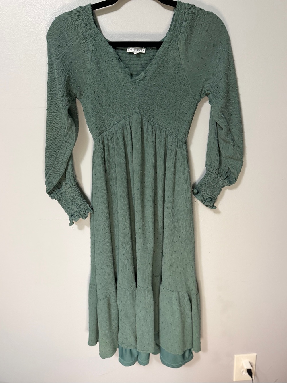 Baltic Born Sage Green Swiss Dot Smocked Midi Dress Cottagecore Boho Small